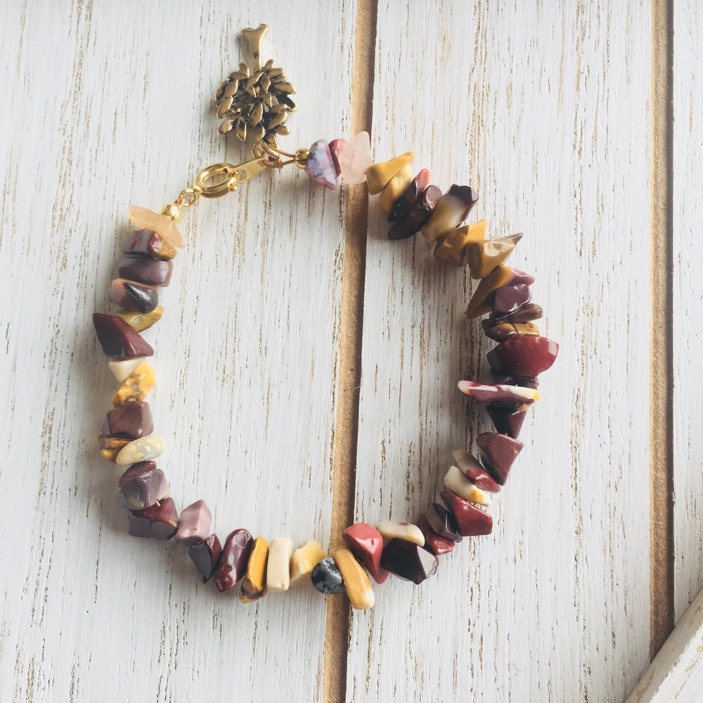Bloodstone Chip Gemstone Bracelet with Tree Charm - Everyday Wear